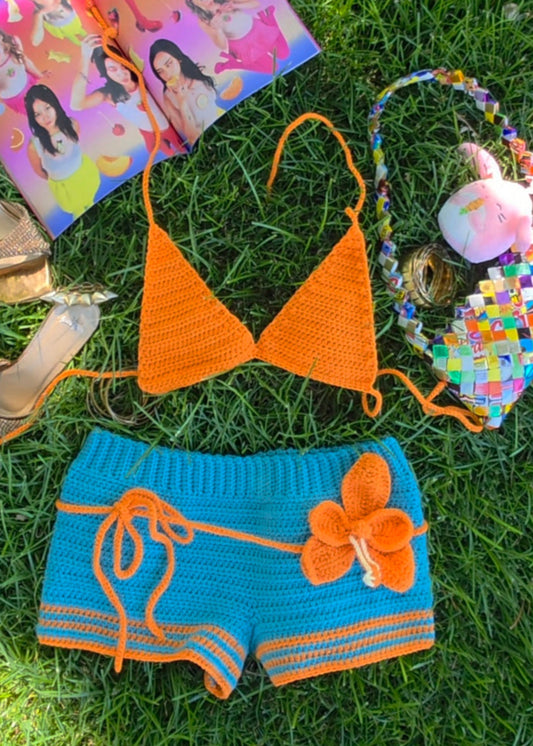 blue and orange crochet set
